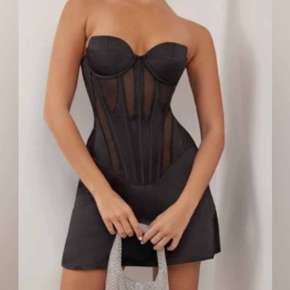 NWT Heiress Beverly Hills BLACK STRAPLESS CORSET CUTOUT MESH PANEL MINI DRESS